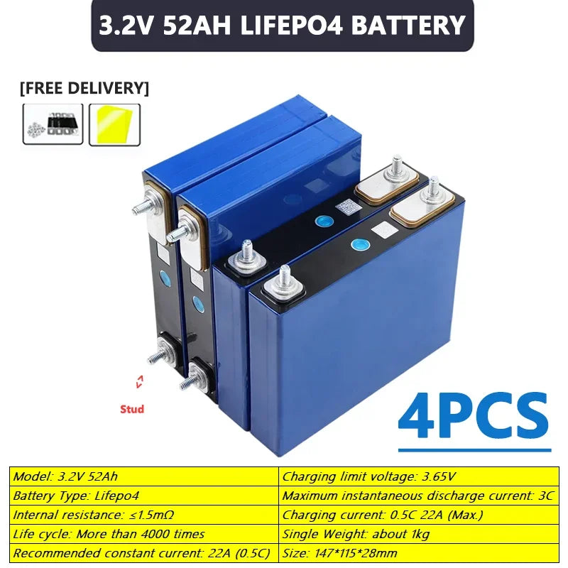 Hot sale 3.2V 52Ah 55Ah LiFePO4 battery 3000+cycles  3C Grade A DIY 12v 24v 48v E-boat Car motor RV Inverter Solar Light
