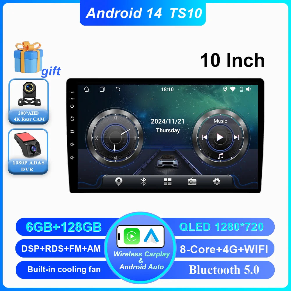 Android 14 CarPlay car radio Android Auto GPS multimedia player 2 DIN universal 9/10 inch Car stereo WiFi player QLED Screen BT