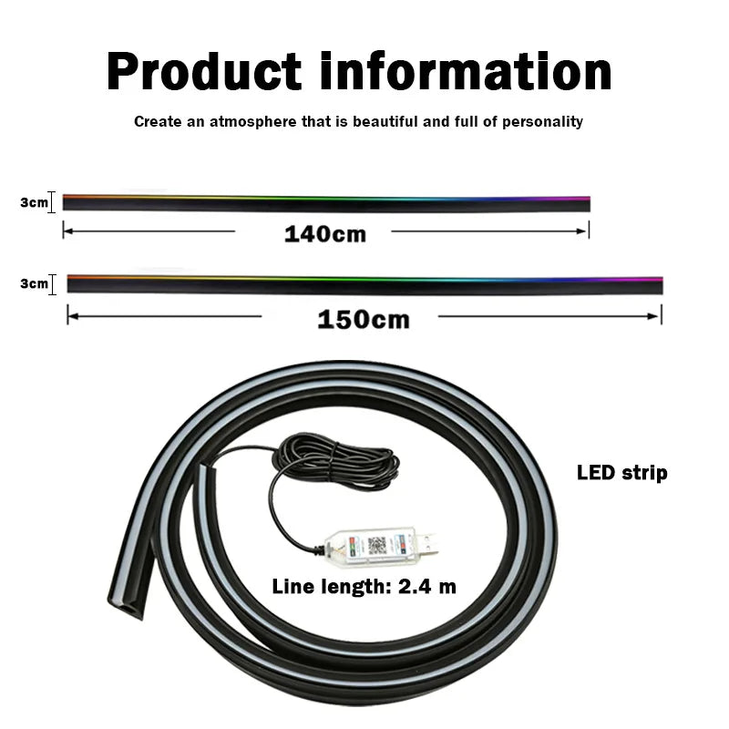 140/150CM LED Car Ambient Light USB Front Windshield Dashboard 64RGB Symphony Interior Acrylic Auto Atmosphere Lamp App Control