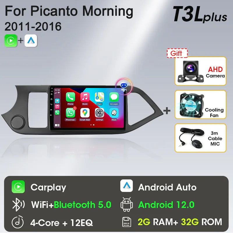 2 Din Android 12 Car Radio Carplay for KIA PICANTO Morning 2 2011 2012 2013 2014 2015 2016 Multimedia Player Navigation DVD Head