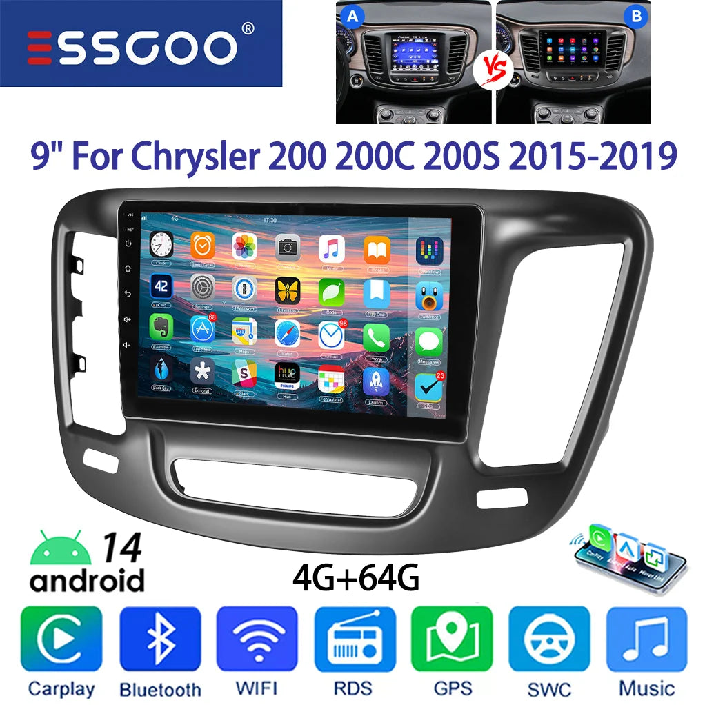 ESSGOO 9" Android 14 For 15-19 Chrysler 200 200C 200S Carplay Android Auto Car Radio GPS Navi Wifi FM BT SWC Multimedia Player