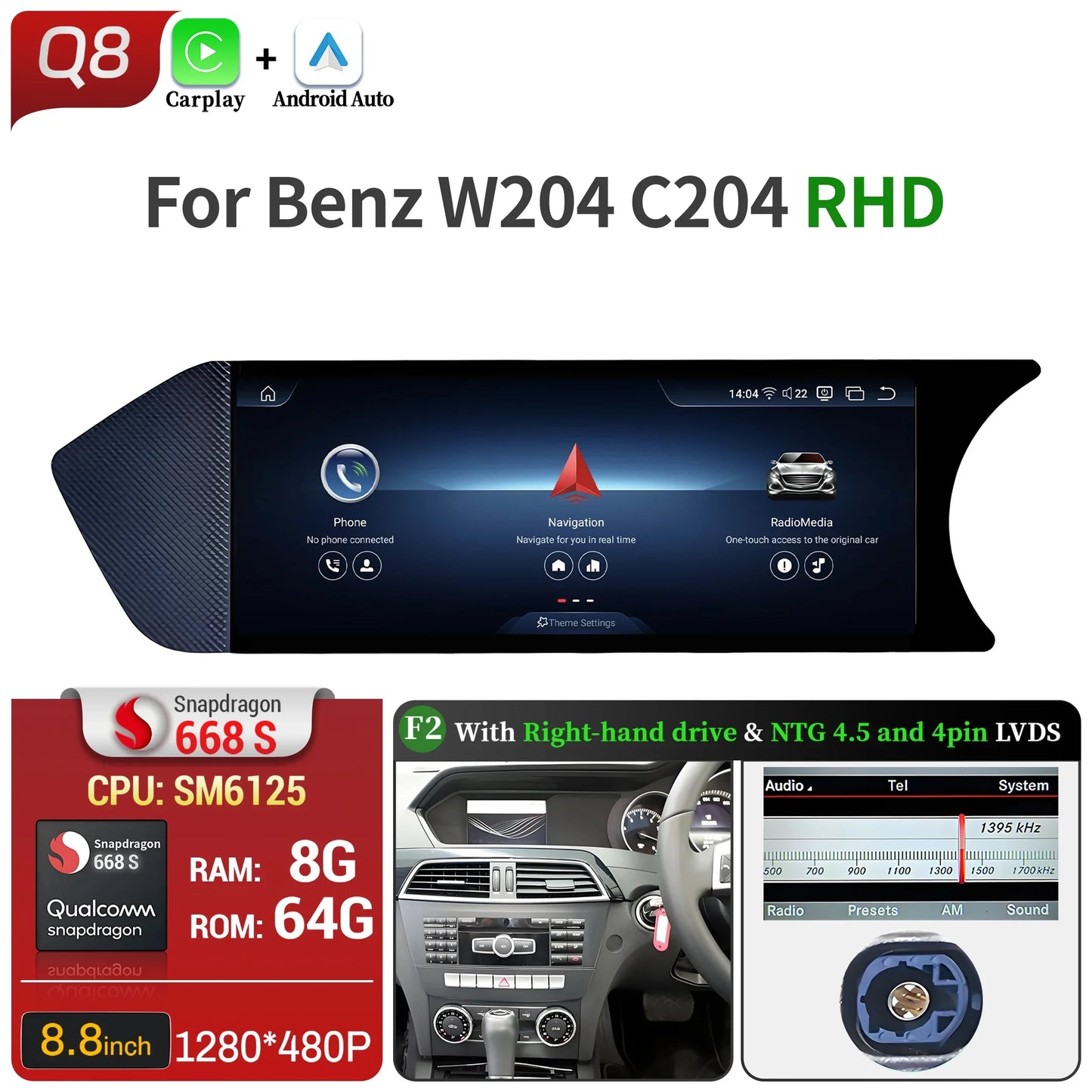 8.8 inch Android 14 For Mercedes Benz C Class W204 S204 2011-2015 Car Radio BT Carplay Qualcomm Snapdragon 680 Head Unit Screen