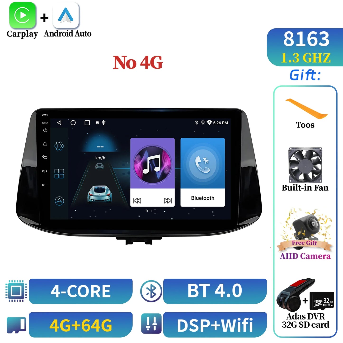 For Hyundai i30 2017 2018 CarPlay Car Radio Multimedia Player Navigation Wireless BT Carplay Android 14 Stereo 2K QLED Screen