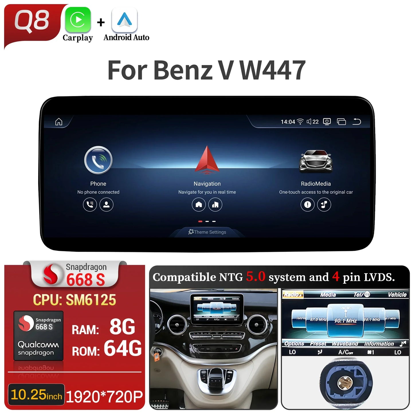 Car Radio For Mercedes Benz V Class W447 V250 V260 V350 Android 14 4G Wireless BT Carplay Snapdragon 680 Head Unit Touch Screen