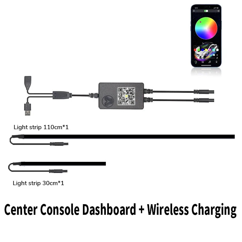 NEW For Tesla Model 3 Y Center Console Dashboard Wireless Charging RGB Neon LED Light Strip Musical Rhythm USB Power APP Control