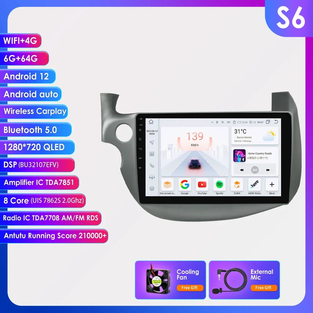 Hizpo 2 Din Android 13 Car Radio For HONDA FIT JAZZ 2007-2013 Multimedia Video Player AI Voice Wireless CarPlay Auto Head Unit