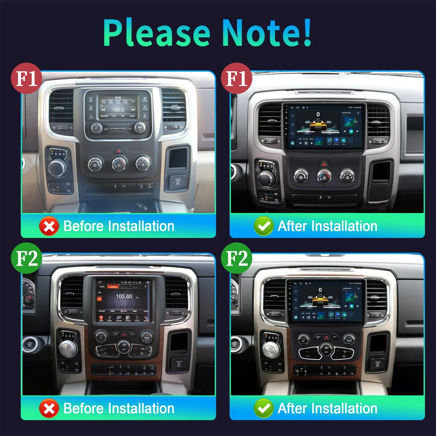 For Dodge RAM 1500 2500 2013-2019 Android 14 Multimedia Navigation Stereo Car Radio Wireless Carplay 2K QLED Head Unit Screen