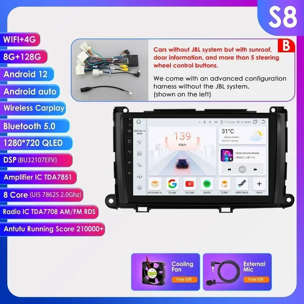 Hizpo For Toyota Sienna XL30 2010-2014 Car Radio Multimedia Video Player Navigation Stereo GPS Android Auto Carplay 8G+128GB RDS