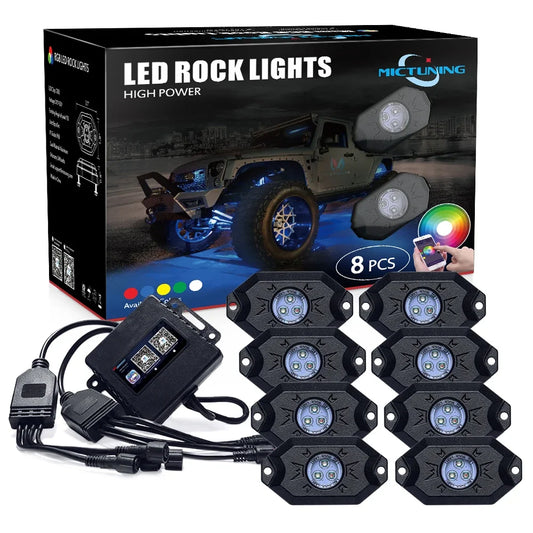 2nd-Gen RGB LED Rock Lights with Bluetooth Controller, Timing Function, Music Mode - 8 Pods Multicolor Neon LED Light Kit