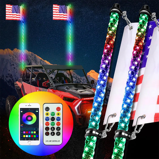 2pcs RGB Led Whip Lights Flag Antenna Lamp Remote Control Atmosphere Lamps Warning Lights for Jeep RZR ATV UTV SUV Car Truck