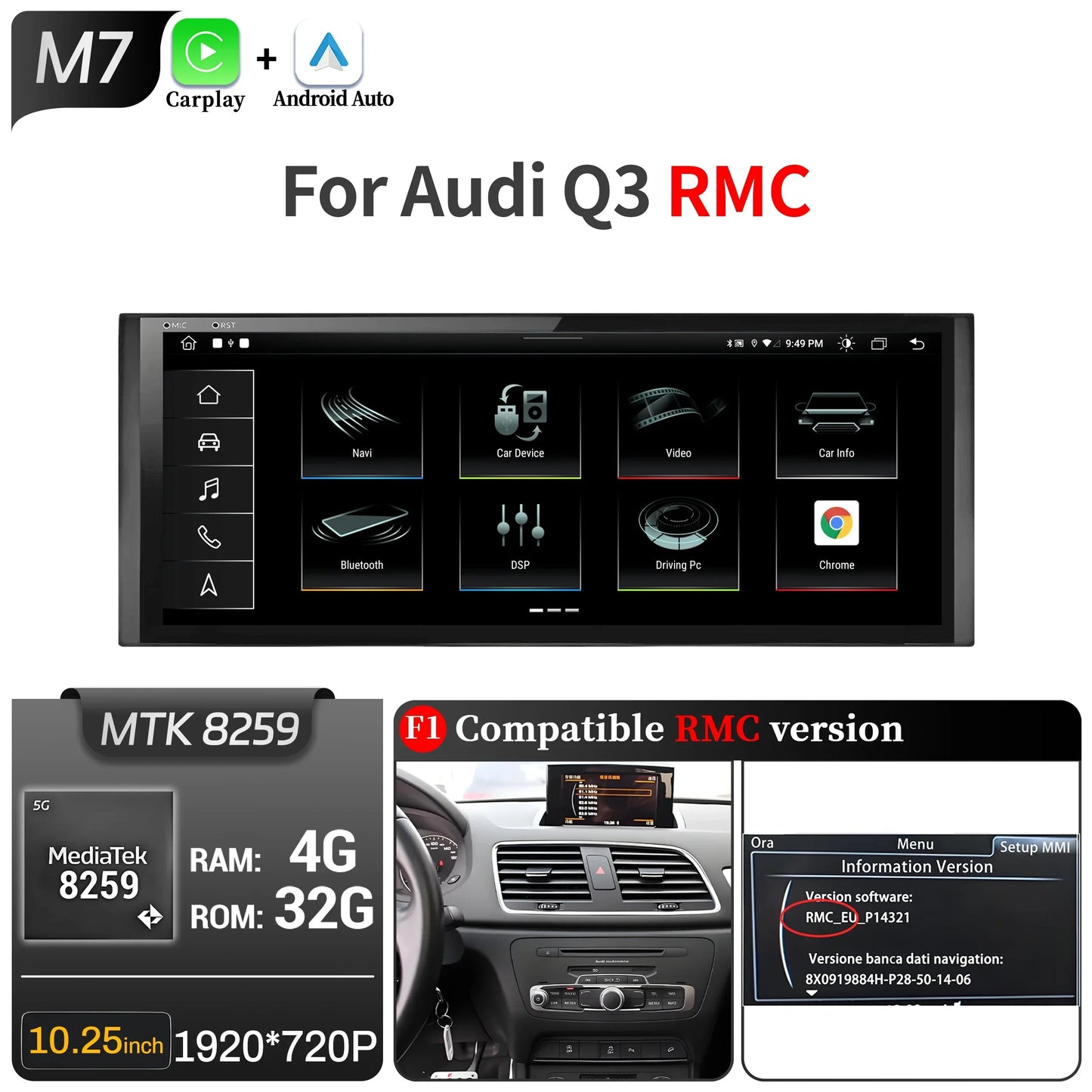 10.25 inch Android 14 For Audi Q3 2011-2018 Car Radio Wireless Bluetooth Carplay Qualcomm Snapdragon 680 Head Unit Touch Screen