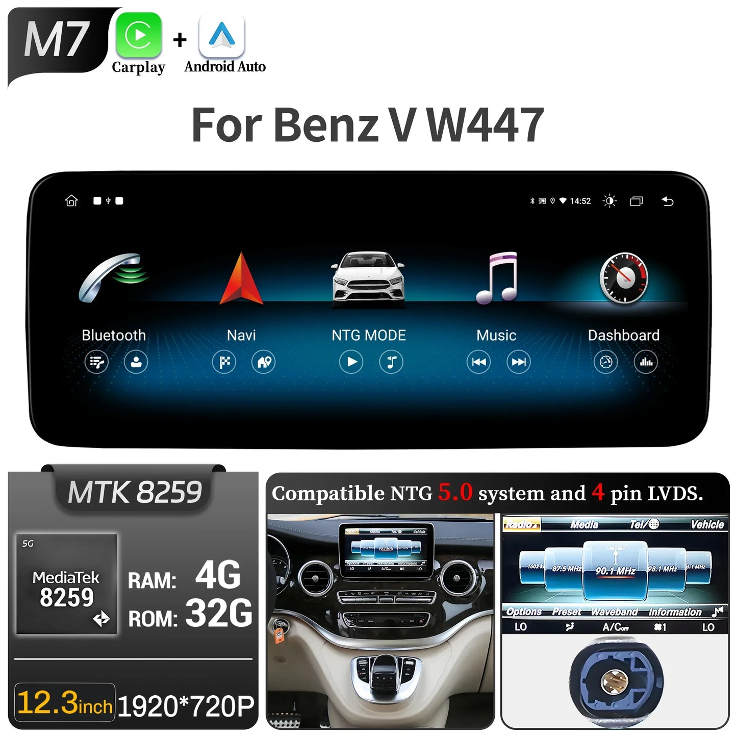 Car Radio For Mercedes Benz V Class W447 V250 V260 V350 Android 14 4G Wireless BT Carplay Snapdragon 680 Head Unit Touch Screen