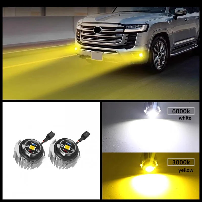 2pcs Car LED Fog Light Bulbs DRL Lamp Dual Colors White Yellow Bar spotlight refit For Toyota Land Cruiser LC300 2022 2023 2024