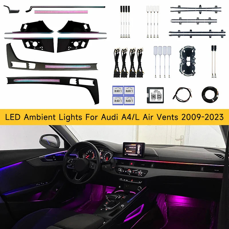 LED Ambient Lights For Audi A4 A4L 2009-2023 Models 64 Colors Rainbow Atmosphere Lamps APP/ Car Play/Car Radio Control