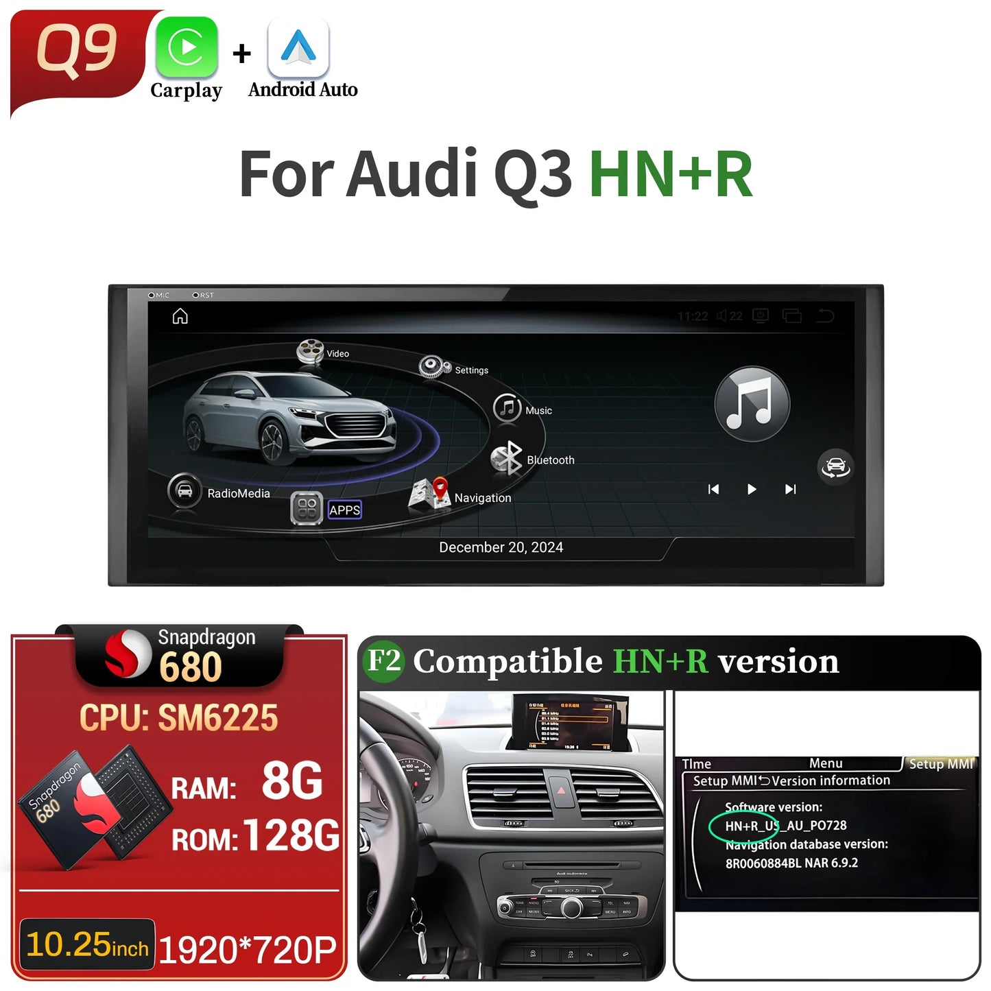 10.25 inch Android 14 For Audi Q3 2011-2018 Car Radio Wireless Bluetooth Carplay Qualcomm Snapdragon 680 Head Unit Touch Screen