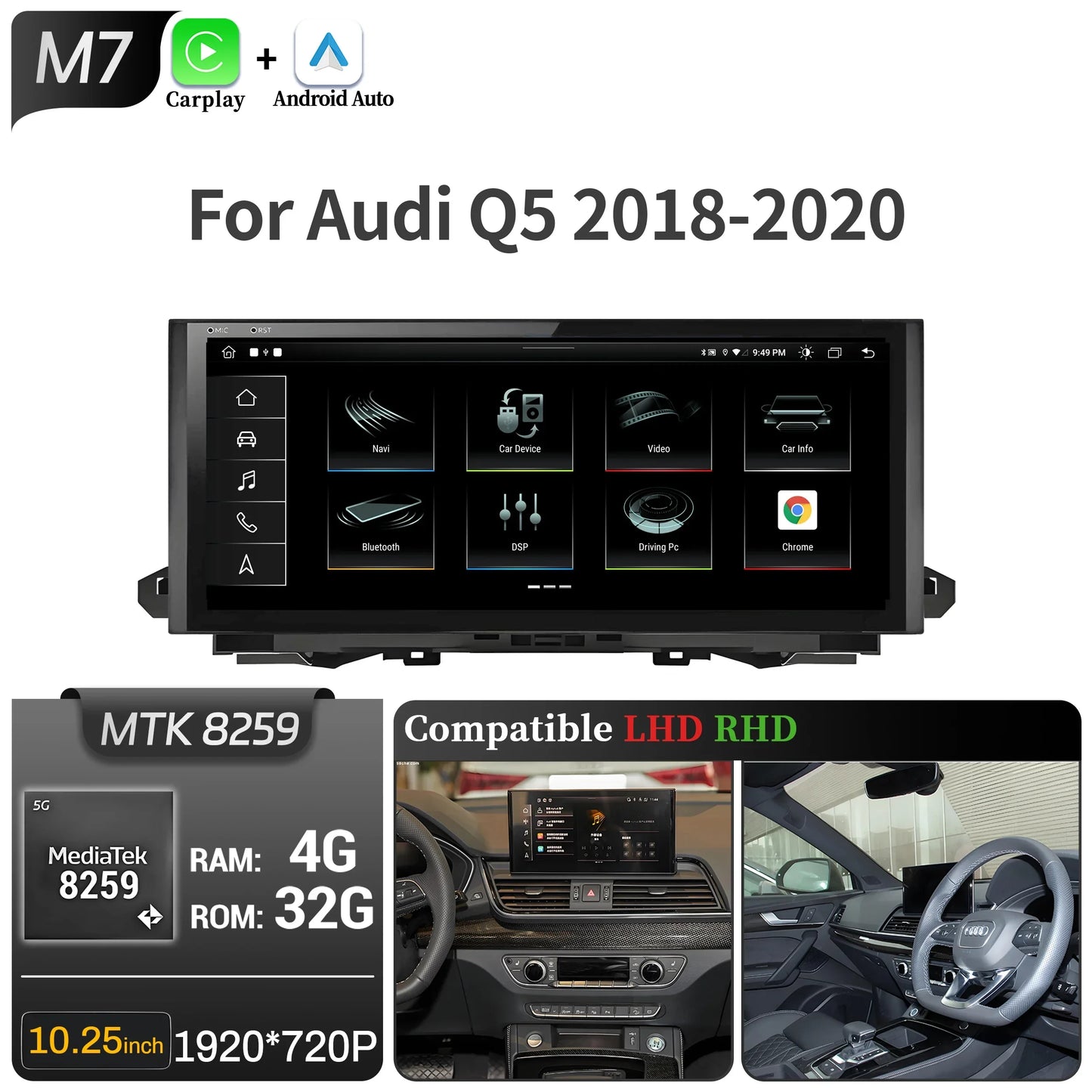 10.25 inch Android 14 For Audi Q5 2018-2020 Car Radio Wireless Bluetooth Carplay Qualcomm Snapdragon 680 Touch Head Unit Screen
