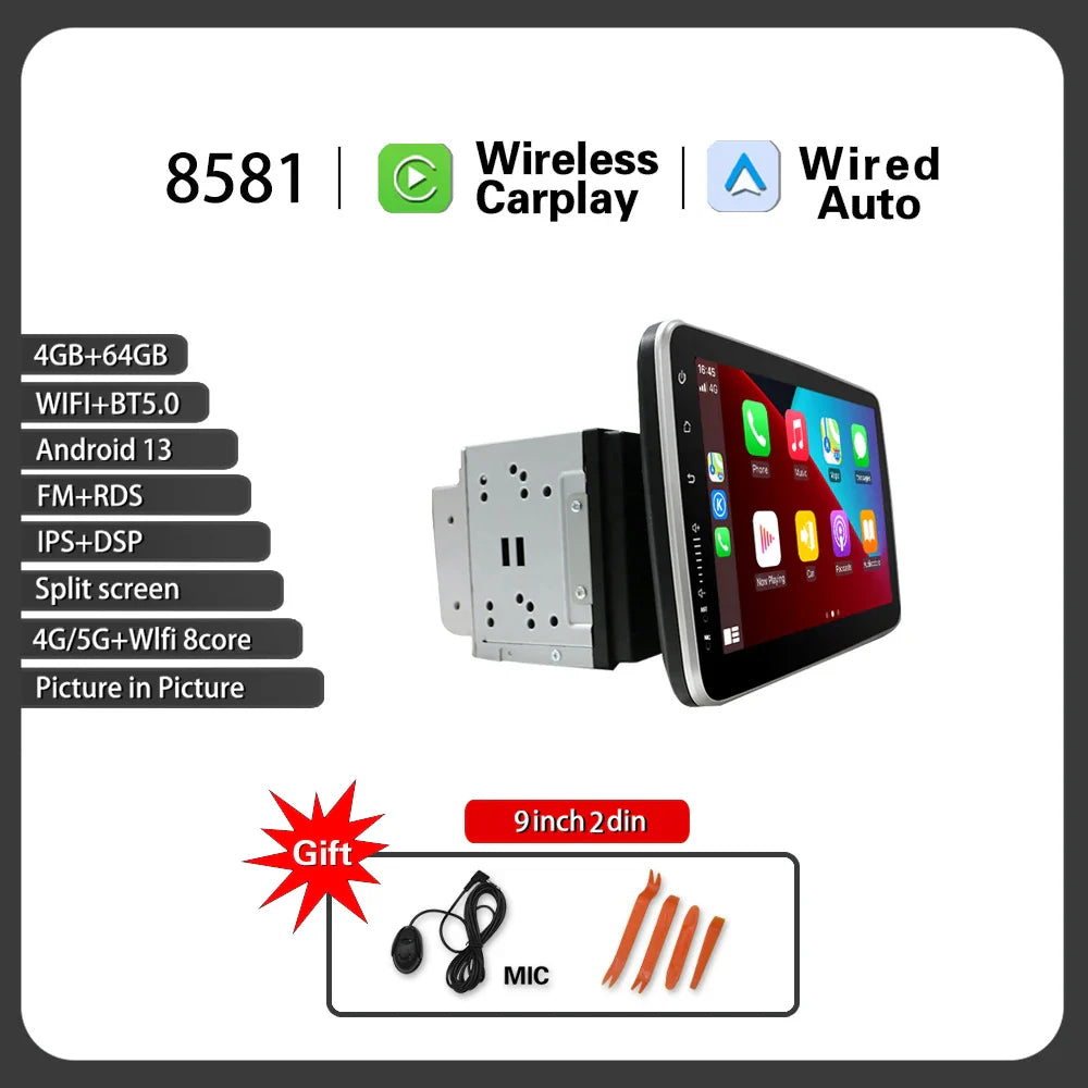 2din 9inch Android Car Stereo Radio GPS DSP 360° Rotation Screen BT Call WIFI Carplay Autoradio Universal Navigation