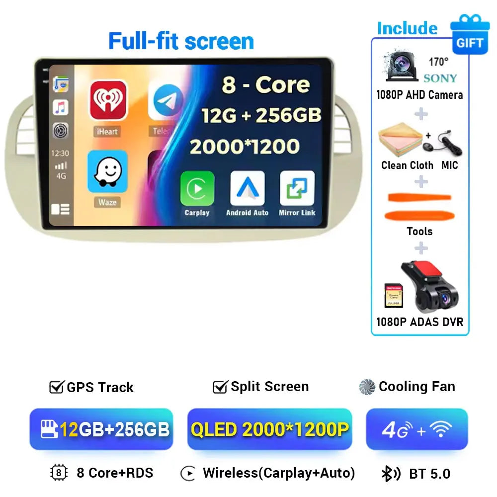 Android 15 8+256G For Fiat 500 Car Radio Stereo GPS Navigation Mirror Connection Split Screen Multimedia Carplay Auto Player DSP