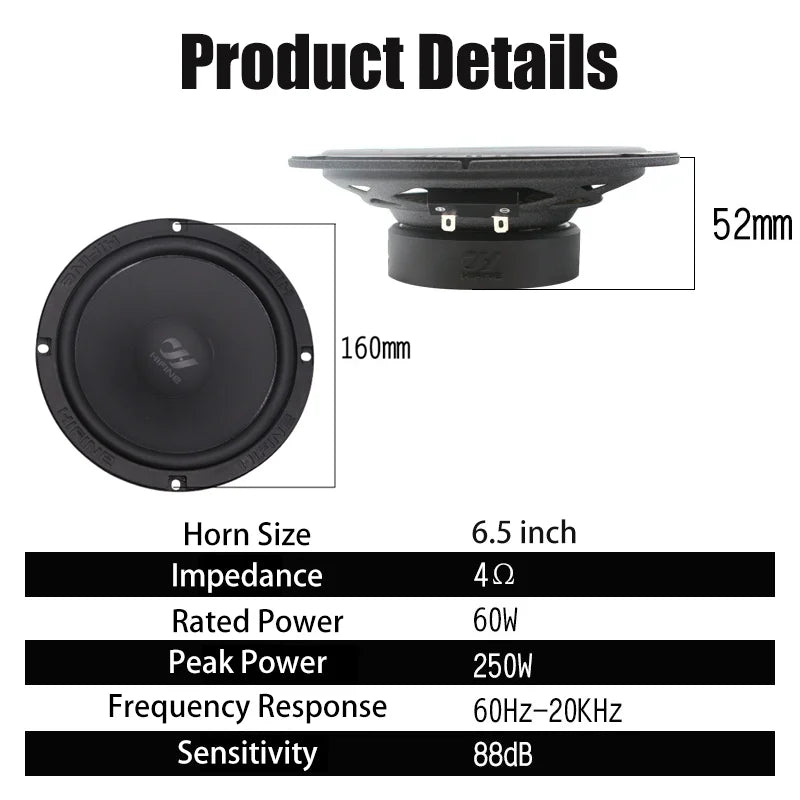 6.5 Inch Two Way Speaker Car Speaker Set 4 Ohms RMS 60W MAX 250W High Quality Car Audio Universal Modification Car Speaker Kit