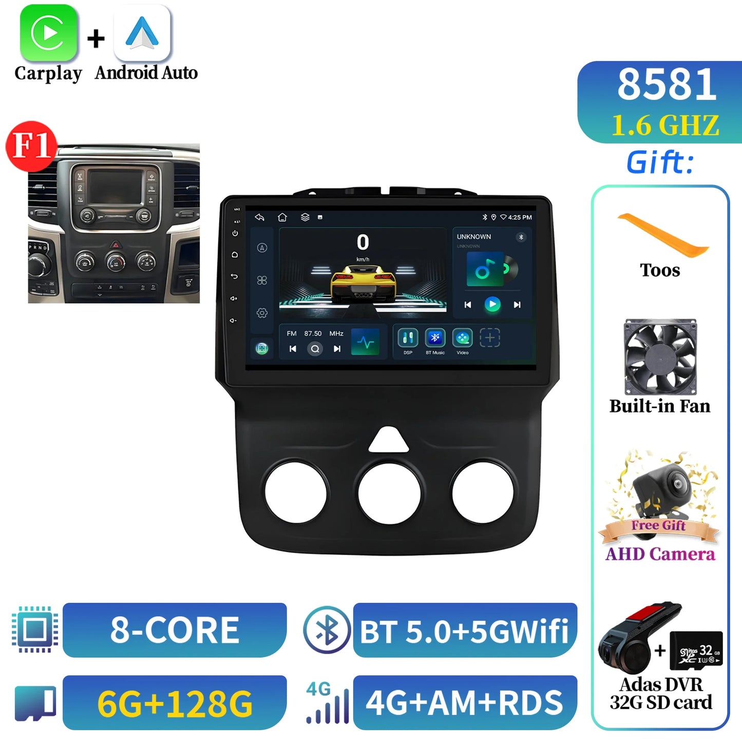 For Dodge RAM 1500 2500 2013-2019 Android 14 Multimedia Navigation Stereo Car Radio Wireless Carplay 2K QLED Head Unit Screen