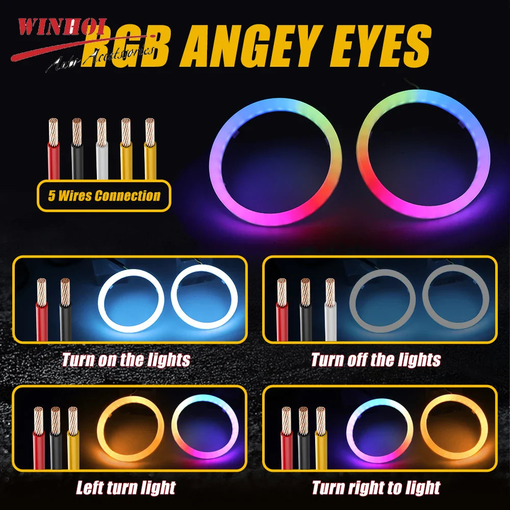APP Control RGB LED Angel Eyes Contton Light 60mm 70mm 80mm 90mm Rgb Halo Ring DRL LED Headlights 12-24V for Motorcyle Car 4x4
