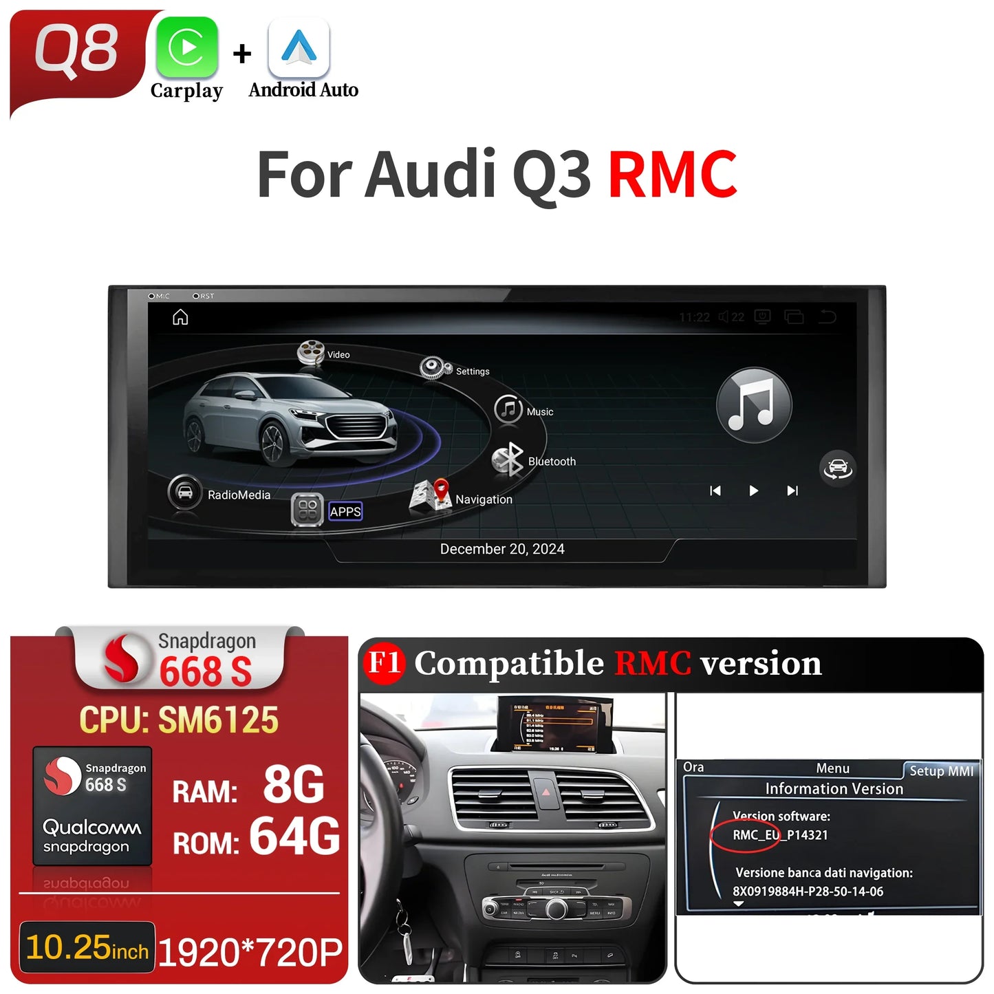 10.25 inch Android 14 For Audi Q3 2011-2018 Car Radio Wireless Bluetooth Carplay Qualcomm Snapdragon 680 Head Unit Touch Screen