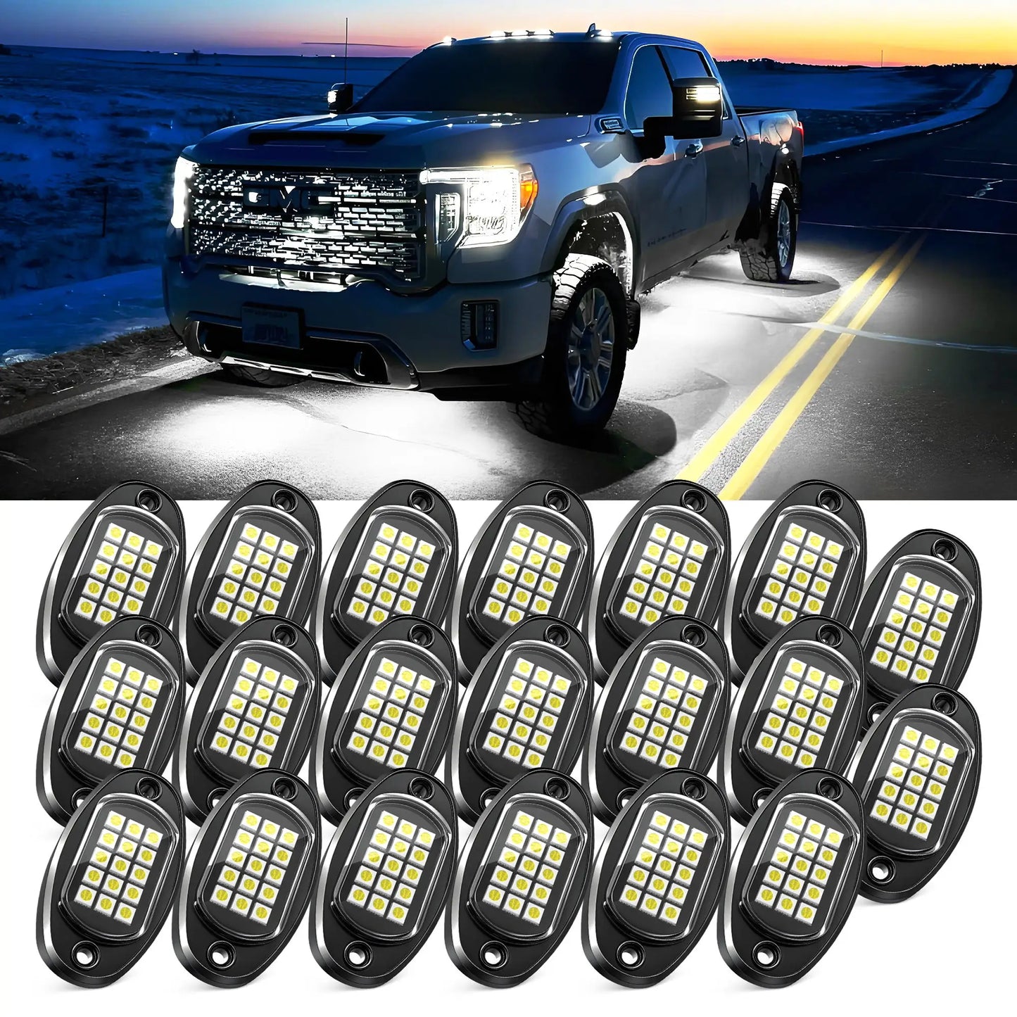 MICTUNING LED Rock Lights 12/16/20 Pods - Pure White Color Waterproof LED Underglow Light, Underbody Glow Lamp for Car Truck