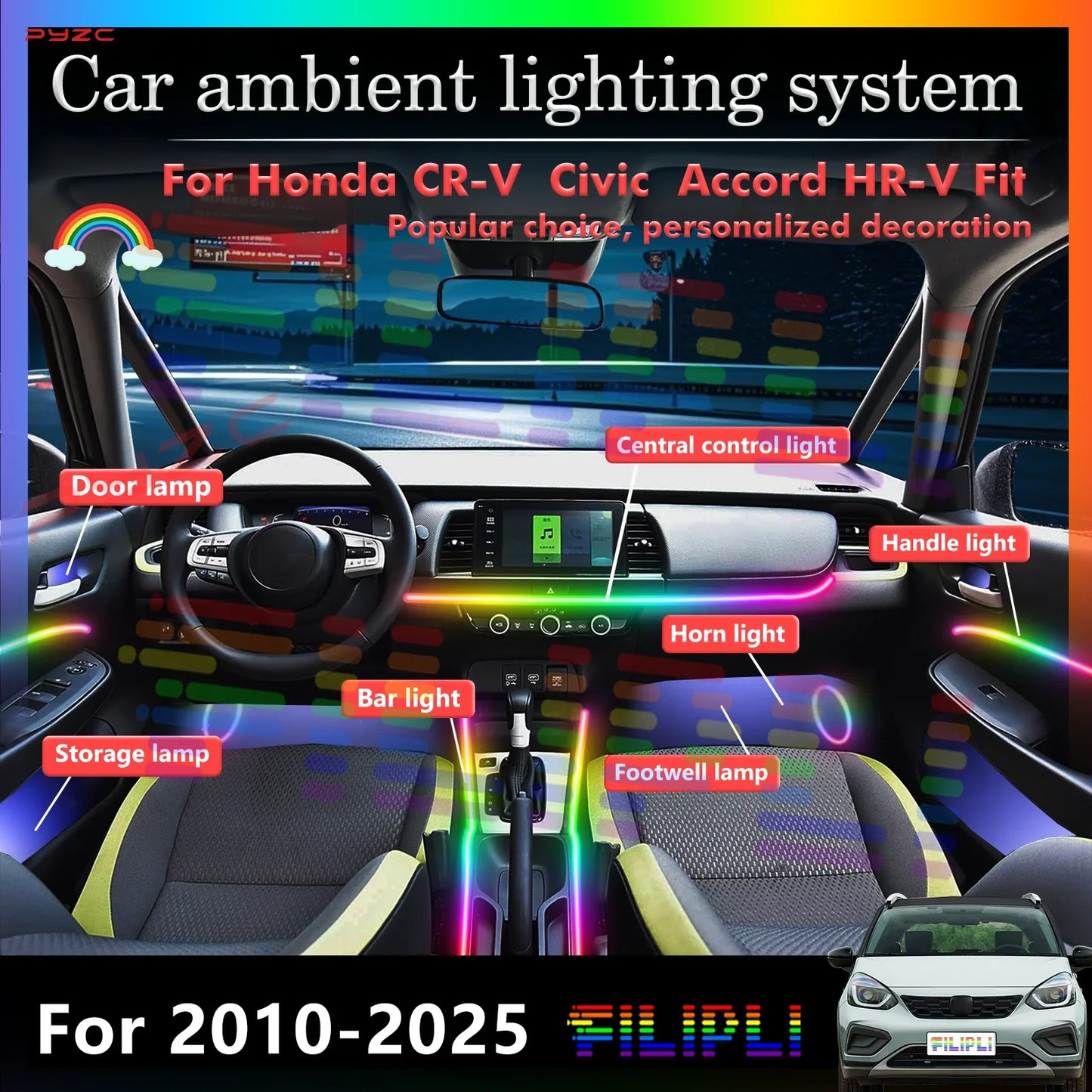 FILIPLI Car LED Interior Ambient Lights For Honda: Brighten Your Drive with Energy-Efficient LED Lights