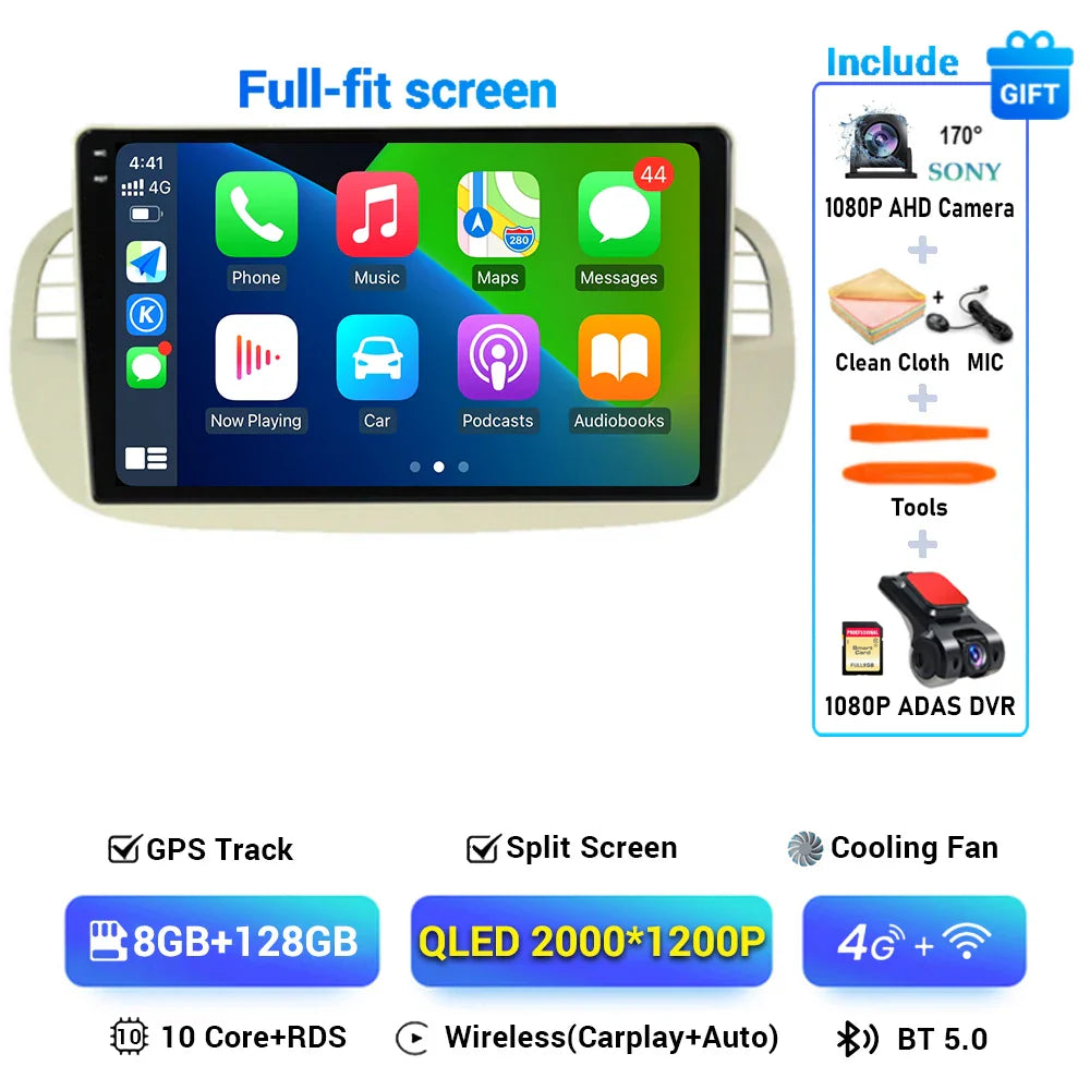 Android 15 8+256G For Fiat 500 Car Radio Stereo GPS Navigation Mirror Connection Split Screen Multimedia Carplay Auto Player DSP