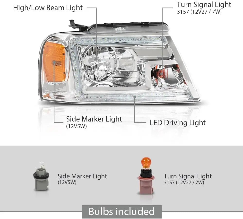 LED DRL Headlights Left& Right Halogen Compatible with Ford F150 2004-2008, Fit Lincoln Mark LT 2006-2008, Clear Lens Chrome Hou