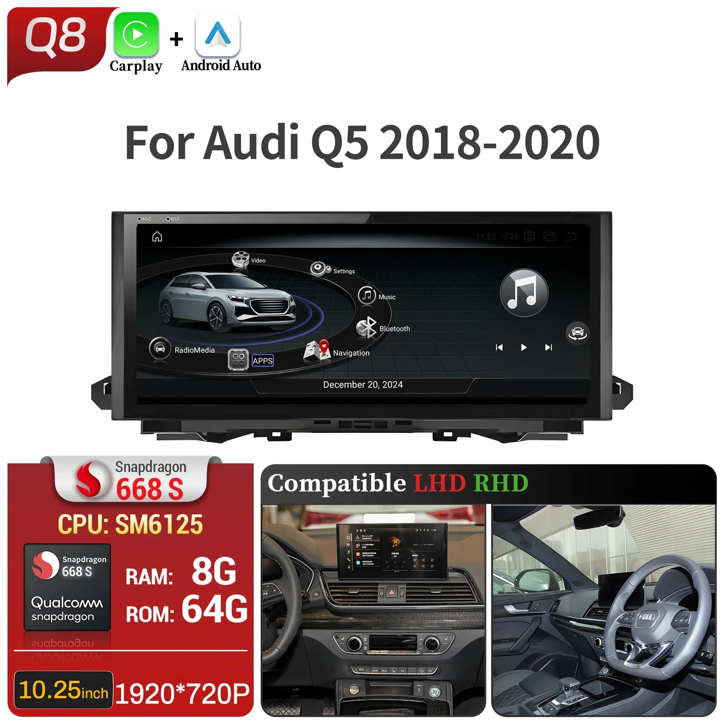 10.25 inch Android 14 For Audi Q5 2018-2020 Car Radio Wireless Bluetooth Carplay Qualcomm Snapdragon 680 Touch Head Unit Screen