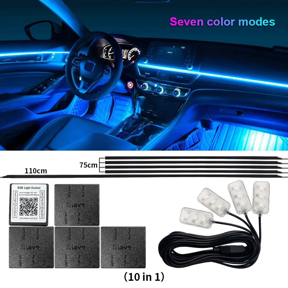 10/14/18 in 1 Led Car Ambient Lights RGB 64 Color Acrylic Fiber Optic Strip Bluetooth App Control Atmosphere Decorative Lamp 12v