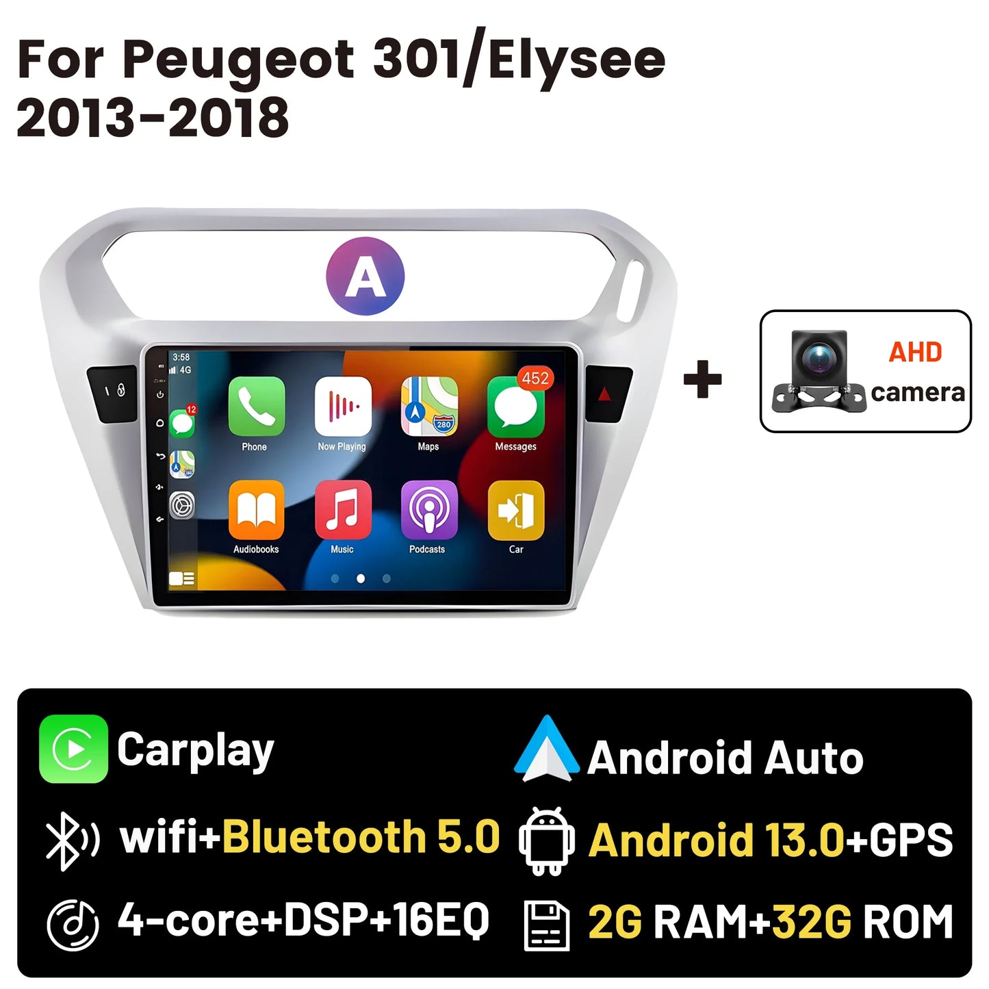 Wireless CarPlay Android Auto Car Bluetooth Radio For Peugeot 301 Citroen Elysee 2013-2018 2Din Android 14 DSP GPS FM Autoradio