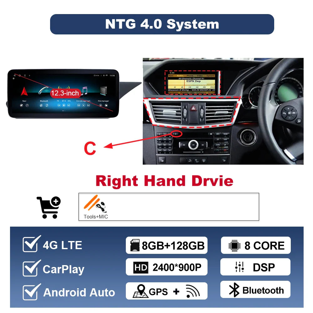 Wireless Carplay Android 14 for Mercedes Benz E Class W212 2009 - 2015 Car Radio Player Video DSP Stereo Touch Screen 4G WiFi BT