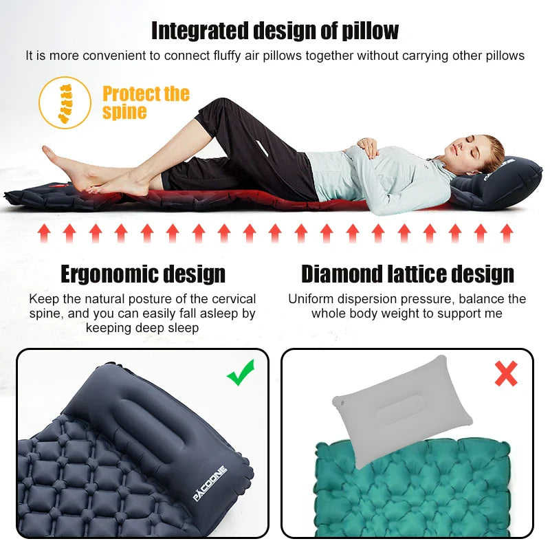 PACOONE Ultralight Outdoor Camping Sleeping Pad Air Mat Inflatable Mattress with Pillows Built-in Inflator Pump Travel Hiking