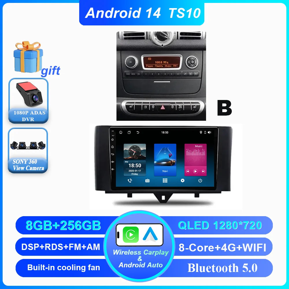 Car Android 14 GPS Navigation For Mercedes Benz Smart Fortwo 451 2010 - 2015 Auto Radio Stereo Multimidia Player Carplay NO 2DIN