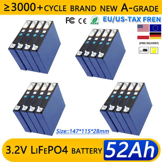 Hot sale 3.2V 52Ah 55Ah LiFePO4 battery 3000+cycles  3C Grade A DIY 12v 24v 48v E-boat Car motor RV Inverter Solar Light