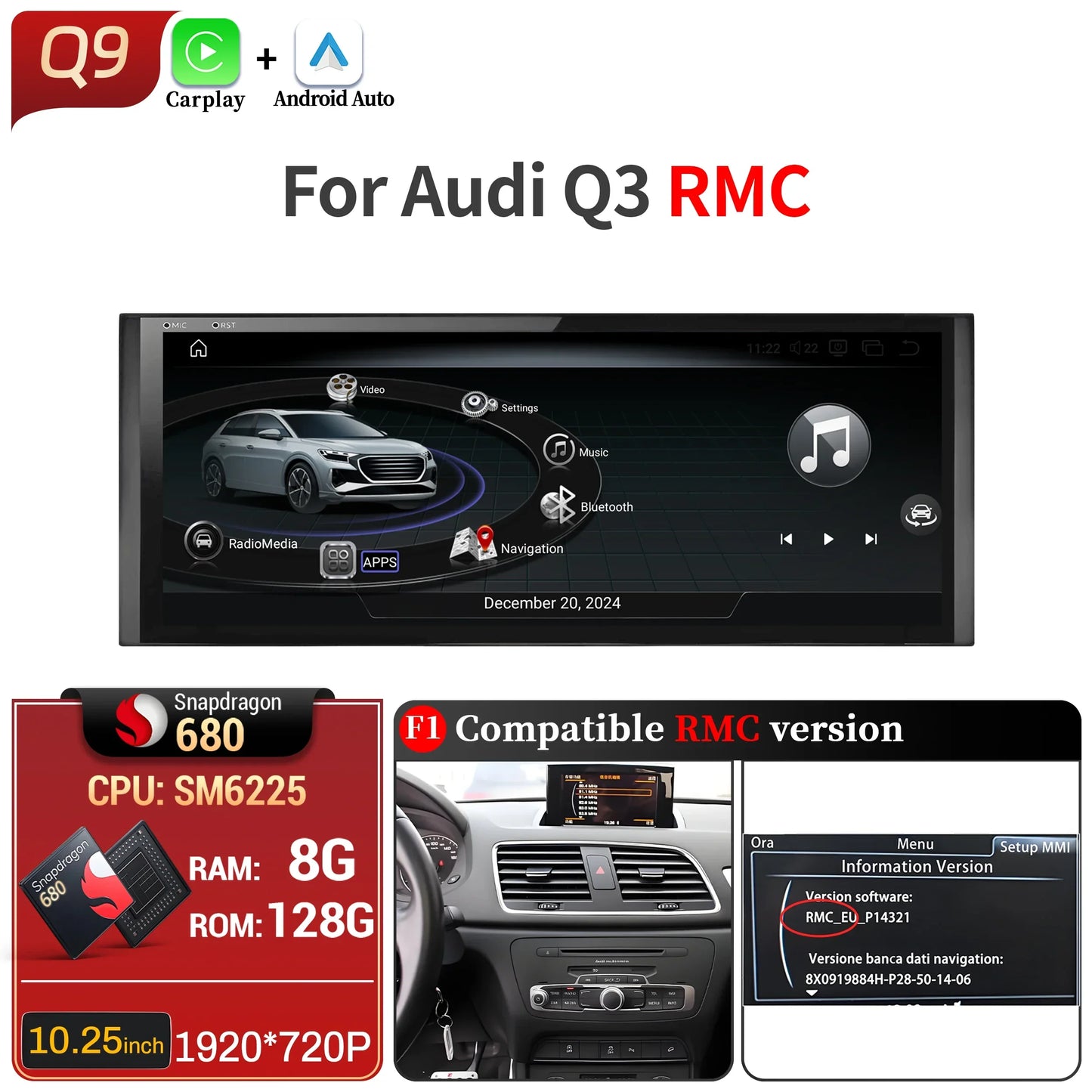 10.25 inch Android 14 For Audi Q3 2011-2018 Car Radio Wireless Bluetooth Carplay Qualcomm Snapdragon 680 Head Unit Touch Screen