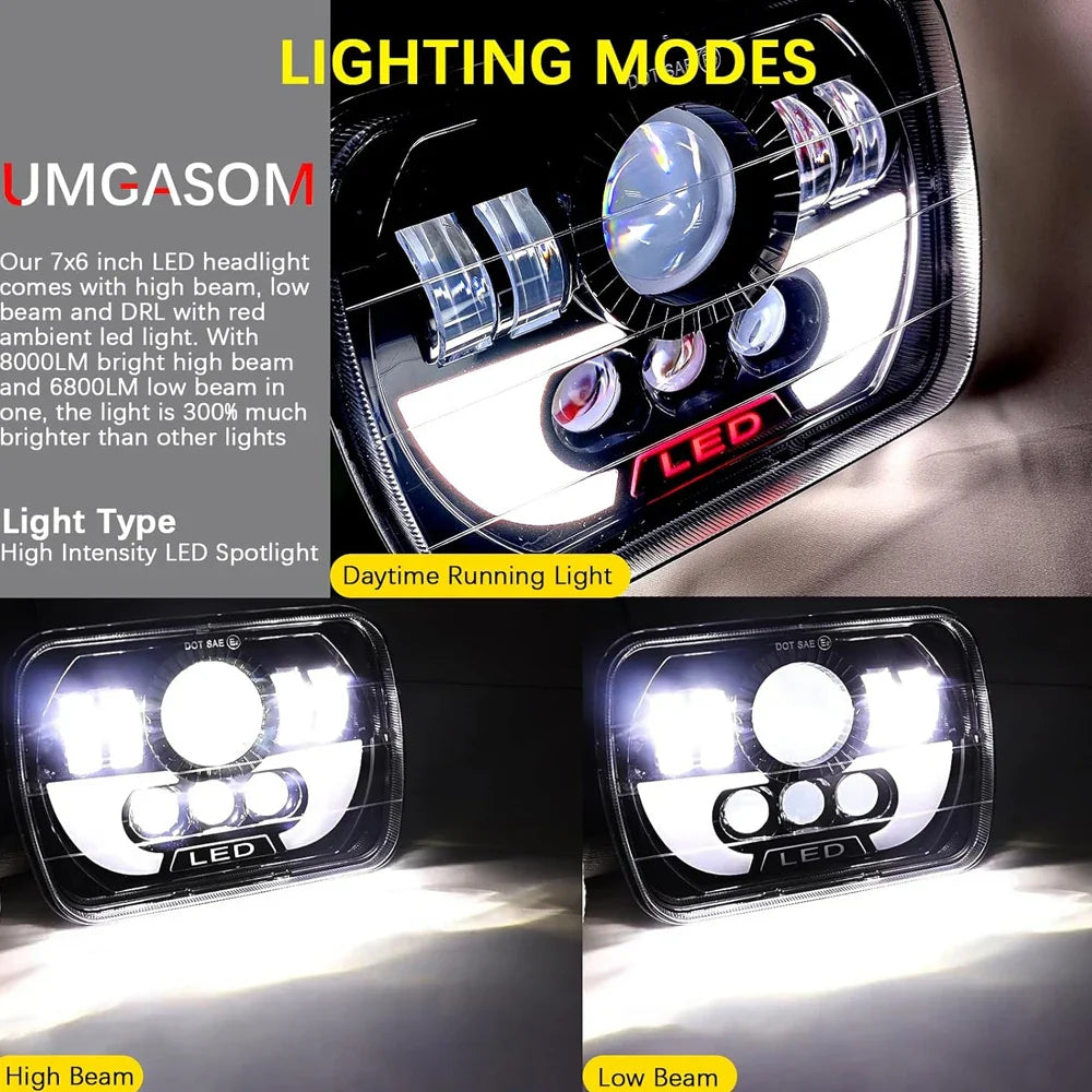 Car LED Headlight DRL Hi-Low Beam H4 Headlamp 5X7" 7x6 Inch Rectangle For Jeep Wrangler YJ Cherokee XJ Toyota Nissan GMC Ford