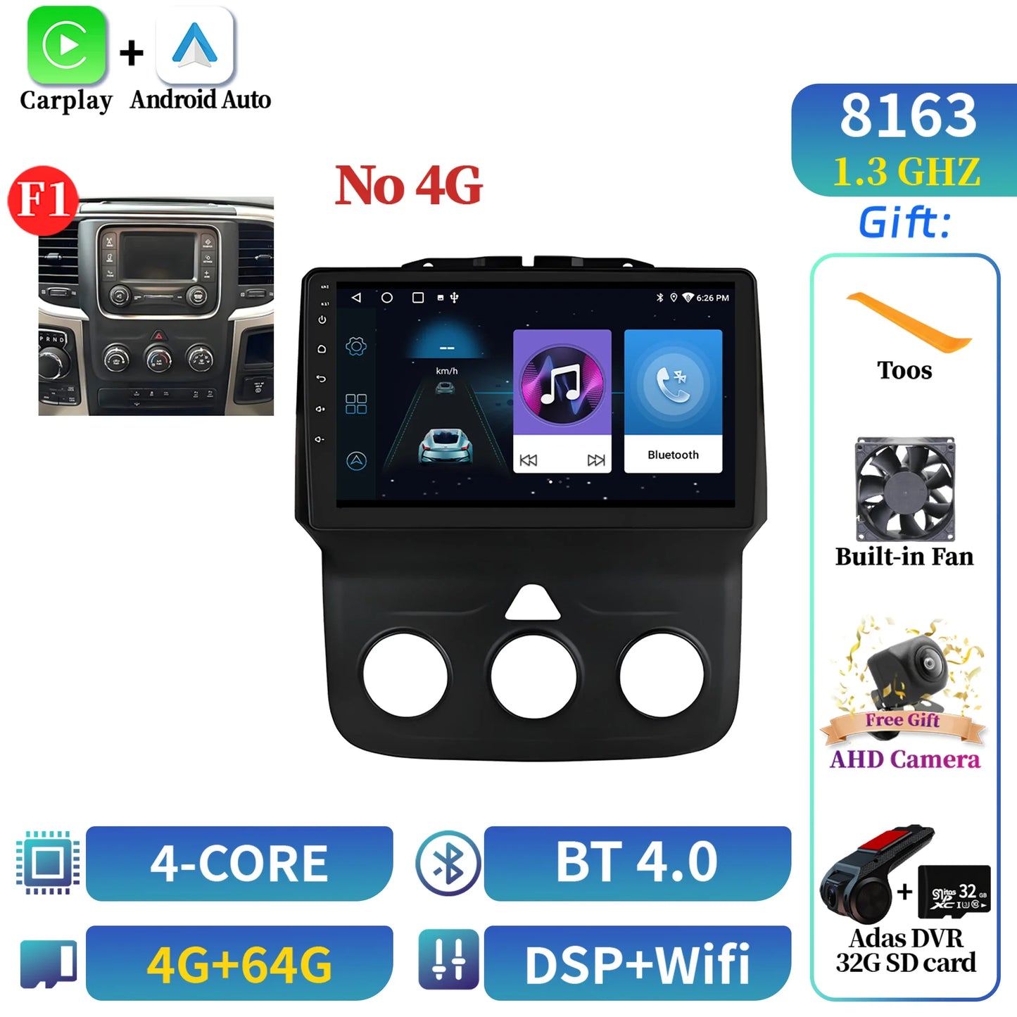 For Dodge RAM 1500 2500 2013-2019 Android 14 Multimedia Navigation Stereo Car Radio Wireless Carplay 2K QLED Head Unit Screen