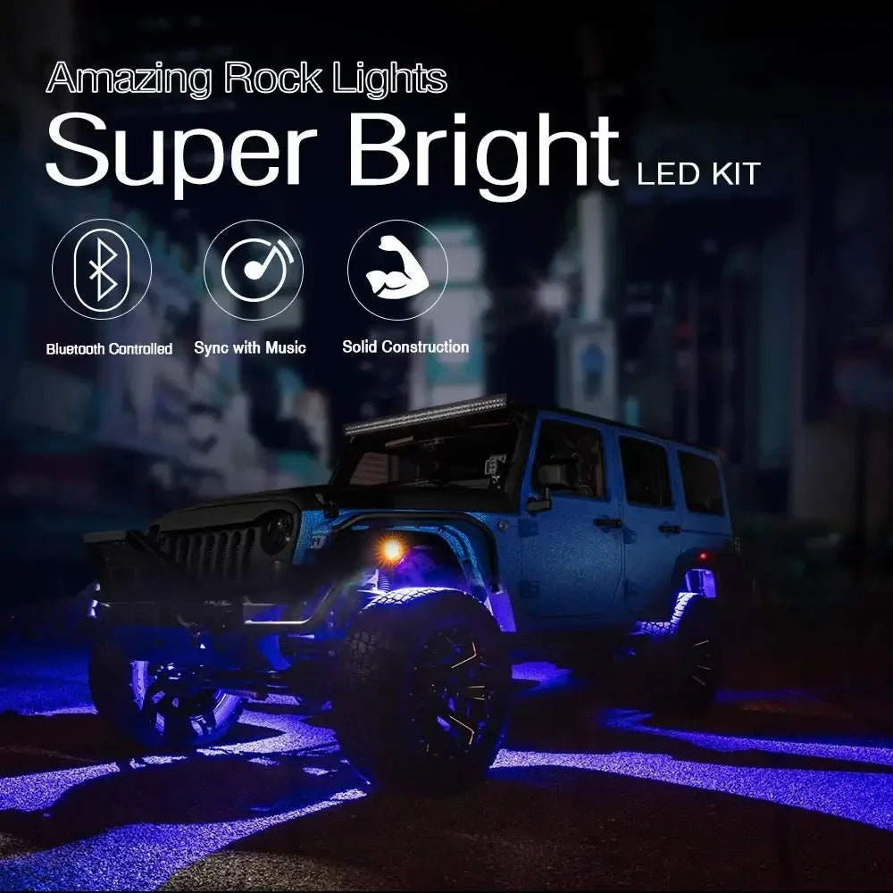 2nd-Gen RGB LED Rock Lights with Bluetooth Controller, Timing Function, Music Mode - 8 Pods Multicolor Neon LED Light Kit