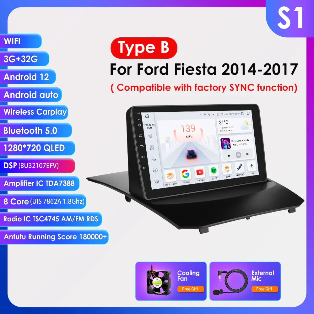 Hizpo 9 Inch Car Radio for Ford Fiesta 2009 - 2017 2din Android Multimedia Video Player GPS Navi Wireless Carplay Auto Screen