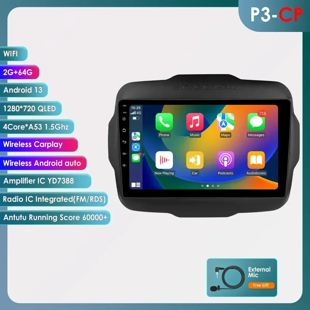 7862 Carplay 4G-LTE 9" Car Radio Android for Jeep Renegade 2016-2020 Multimedia Player Navigation GPS 2 Din Stereo DSP Autoradio