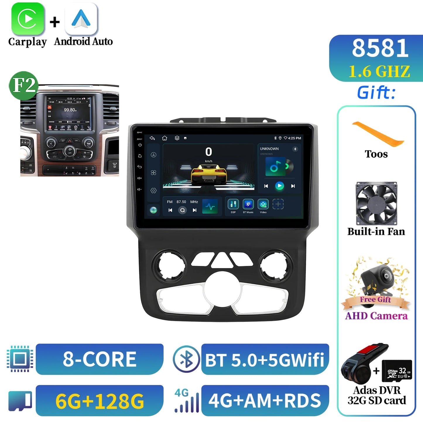 For Dodge RAM 1500 2500 2013-2019 Android 14 Multimedia Navigation Stereo Car Radio Wireless Carplay 2K QLED Head Unit Screen