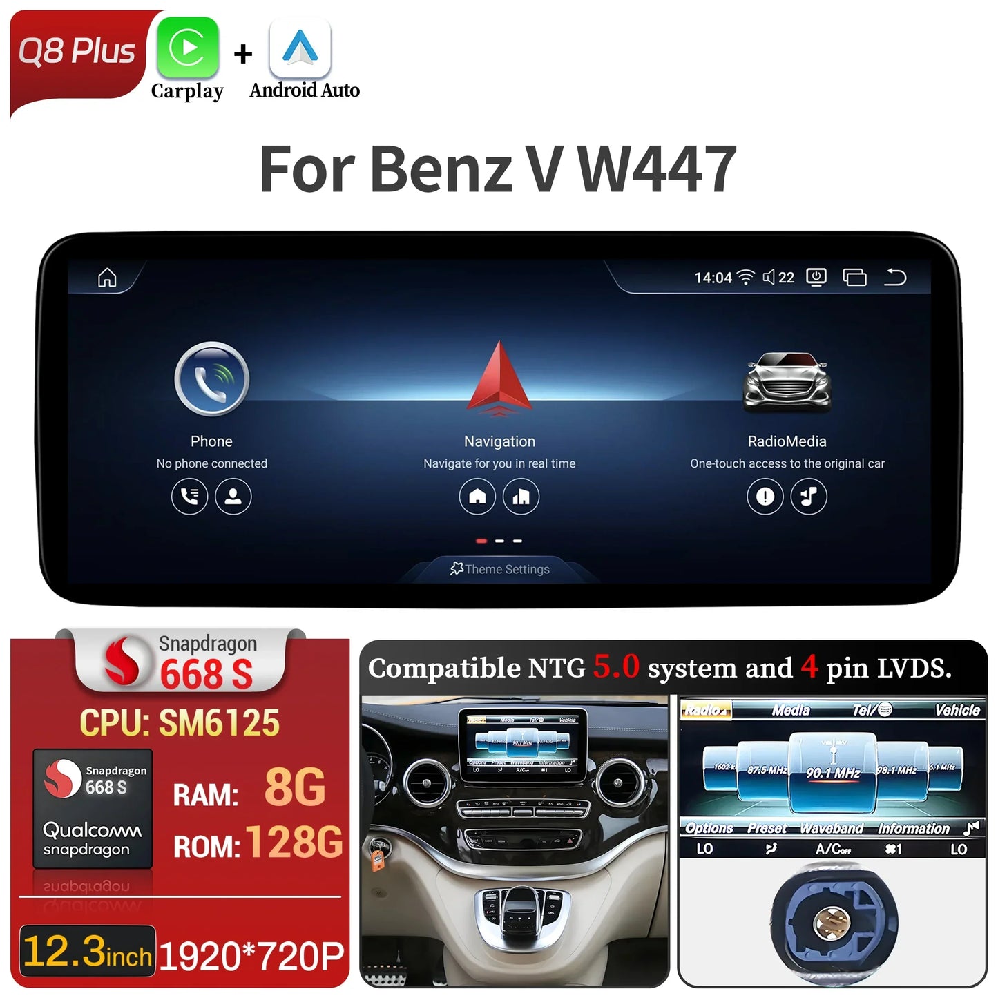 Car Radio For Mercedes Benz V Class W447 V250 V260 V350 Android 14 4G Wireless BT Carplay Snapdragon 680 Head Unit Touch Screen