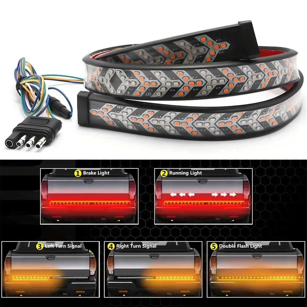 60'' LED Tailgate Light Strip 12V Flexible Red Brake Amber Yellow Sequential Turn Signal Light for Pickup Trucks Trailers RV Van