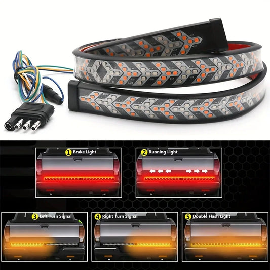 60'' LED Tailgate Light Strip 12V Flexible Red Brake Amber Yellow Sequential Turn Signal Light for Pickup Trucks Trailers RV Van