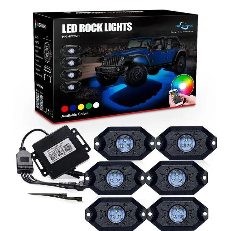 2nd-Gen RGB LED Rock Lights with Bluetooth Controller, Timing Function, Music Mode - 8 Pods Multicolor Neon LED Light Kit