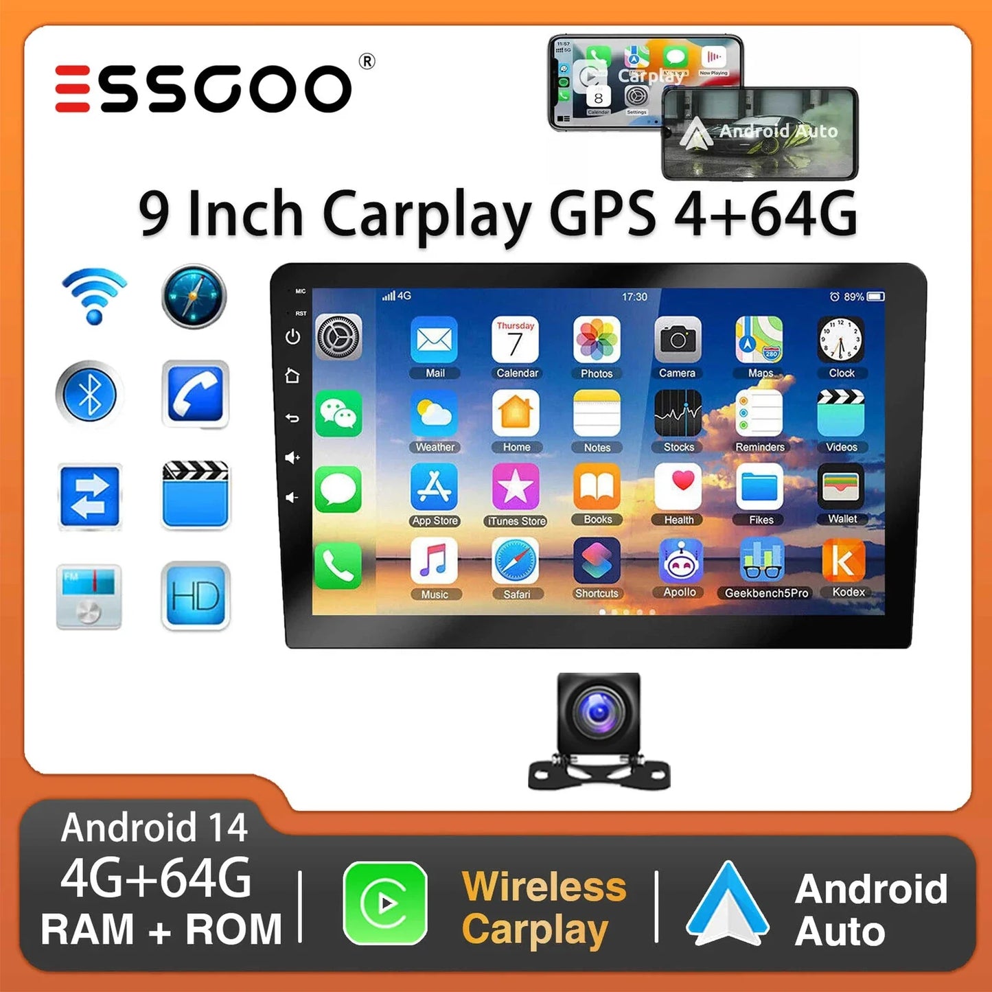 ESSGOO 9Inch 2 DIN Car Stereo Radio Wirless Carplay Android Auto Car Stereo Bluetooth 64G GPS Navigation RDS WiFi USB FM DAB+CAM