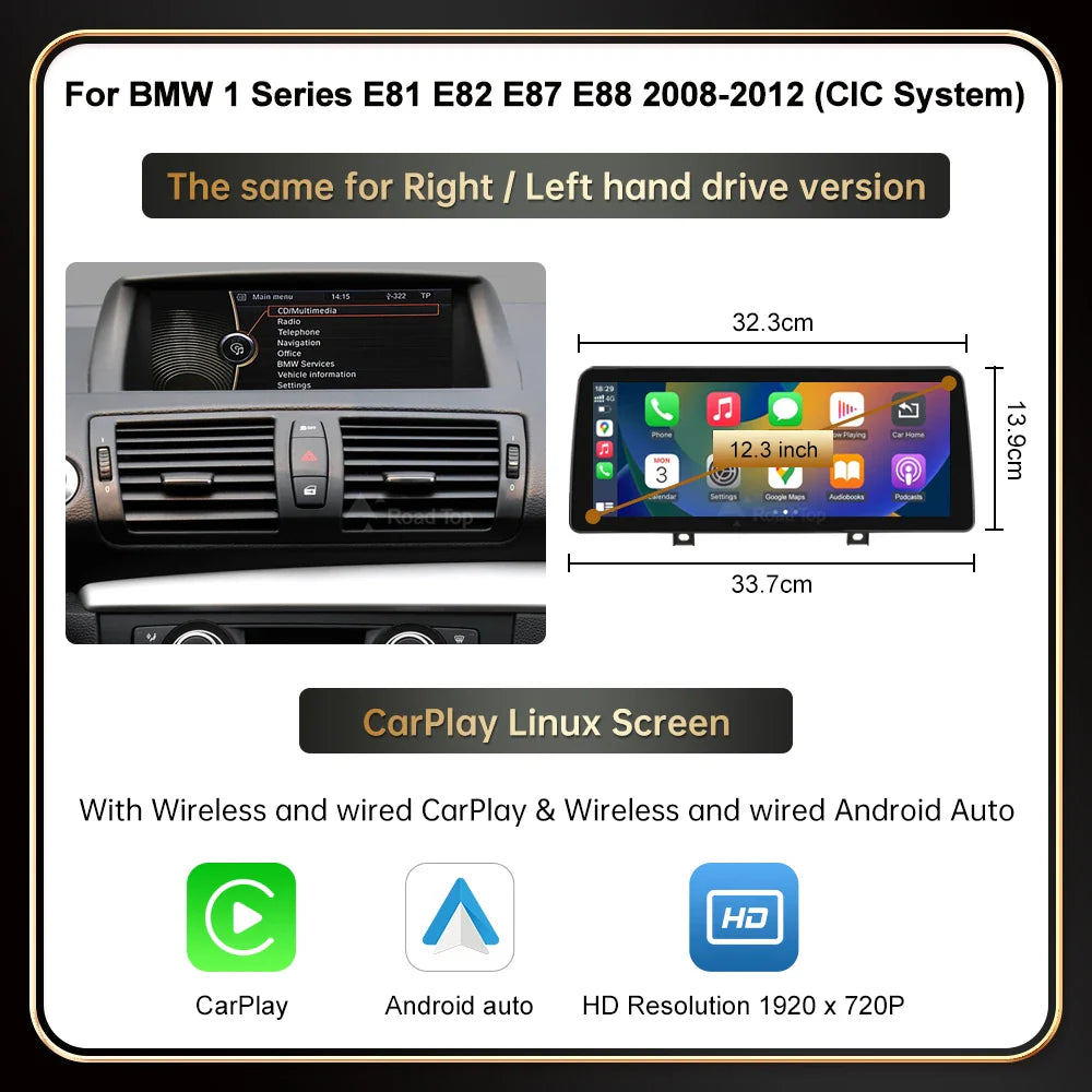RoadTop Wireless CarPlay Android Auto For BMW Series 1 E81 E82 E87 E88 CCC CIC System Multimedia Display Screen